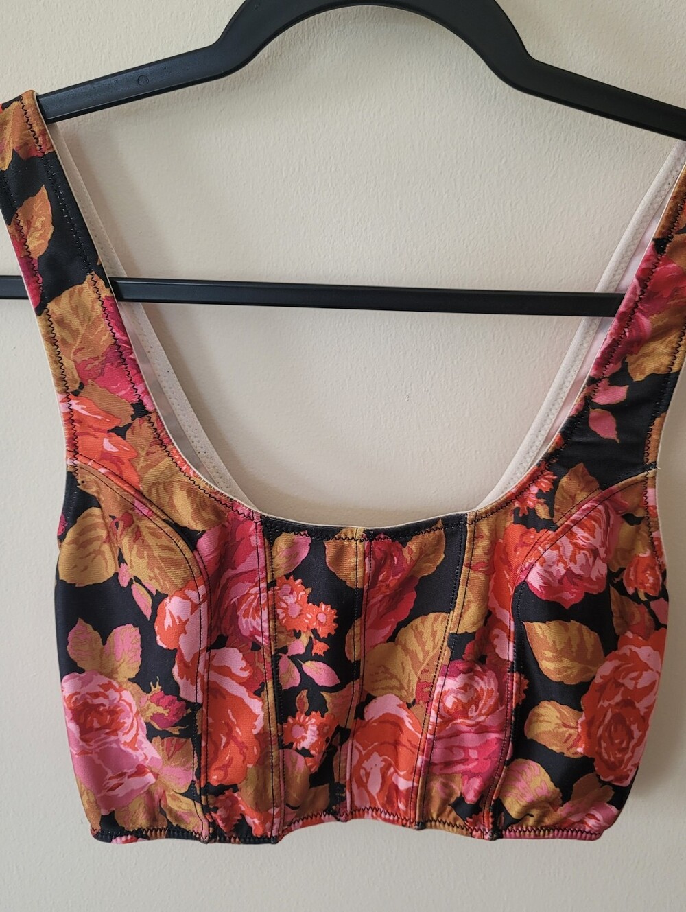 Urban Outfitters Black Floral Cropped Tank with Pink and Gold Leaves / SP